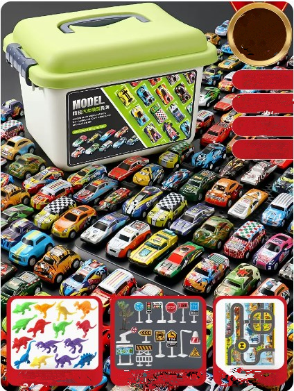 Popular alloy car model set (128 alloy cars + 24 small dinosaurs + 18 road signs + 1 map + storage bucket) (Specification: 28*22*19CM)
