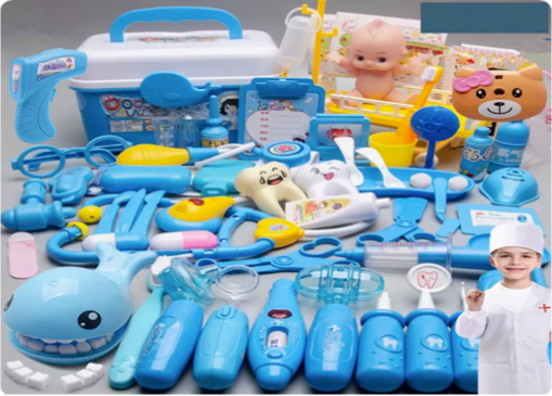Popular play doctor set (dolphin + stethoscope + doll + 7 lights + bed + temperature gun + nurse uniform) (Prince Blue) (Specification: 22*16.5*15CM)