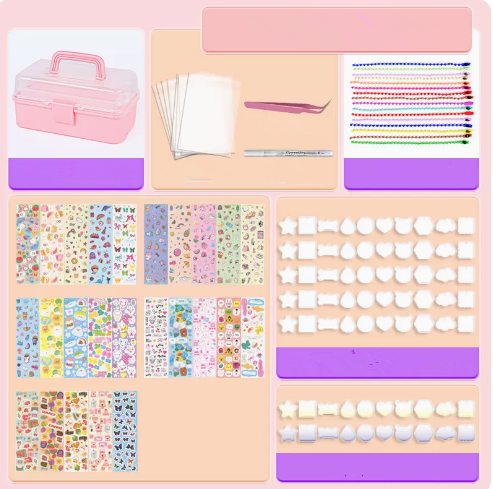 爆款貼紙套裝（290件套）（三層收納盒+自封袋*100+鑷子*1+丙烯筆*1+鏈條*92+透明卡盤*25+貼紙*25+透明漸變卡盤*25）（規格：33*19*14.5CM）
