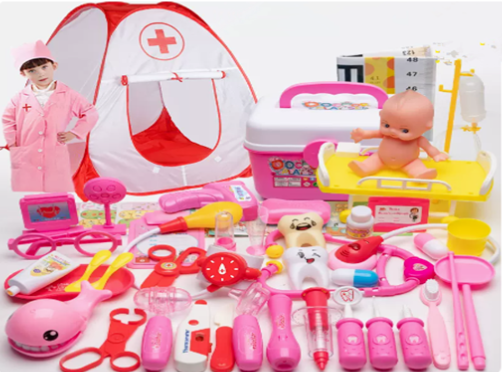 Popular 58-piece medical kit (pink) (5 lights + tent + dolphin + eye chart + doll + bed + nurse uniform) (Specification: 90*90*100CM)