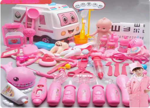 Popular sound and light ambulance medical kit 68-piece set (pink) (nurse uniform + early education function)