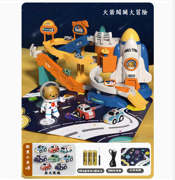 Popular children's toys (gift box-[space rocket-rail car] 8 cars + map) (dual mode [battery board + USB power supply])