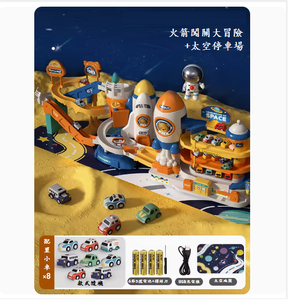 Popular children's toys (gift box - [Space Rocket Rail Car + Adventure] 8 cars + map) (Dual Mode [Battery Board + USB Power Supply])