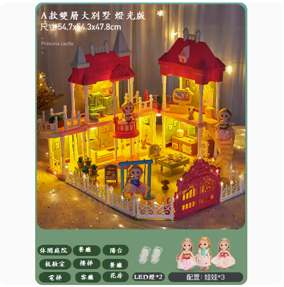 爆款兒童玩具娃娃屋(【A款雙層大別墅-3娃+led燈】-燈光版)