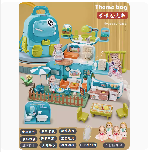 Popular girl toy ([Deluxe Edition - Blue Sound and Light Simulation School Bag] - 4 dolls + LED lights)