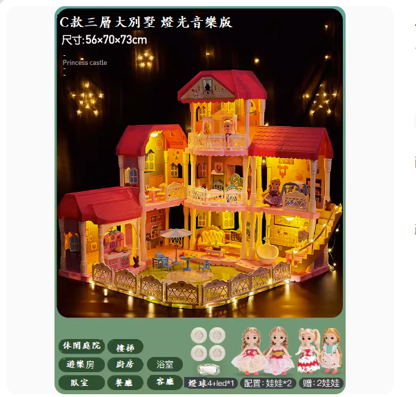 爆款兒童玩具娃娃屋(超大號-【C款-三層大別墅-4娃娃-4小狗】+燈光音樂版)