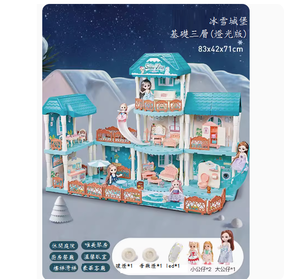爆款兒童玩具娃娃屋(冰雪-【普通三層大別墅-8屋子-3娃娃-3小狗】+燈光)