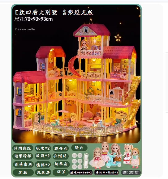 爆款兒童玩具娃娃屋(超大號-【E款-四層大別墅-5娃娃-4小狗】+燈光音樂版)