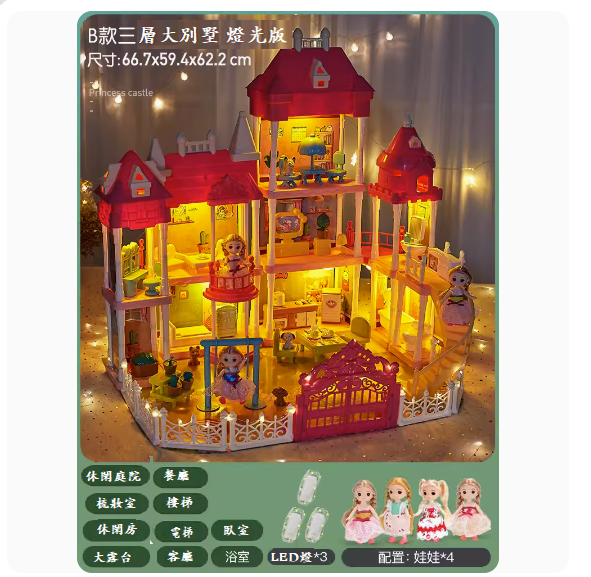 爆款兒童玩具娃娃屋(【B款三層大別墅-4娃+led燈】-燈光版)