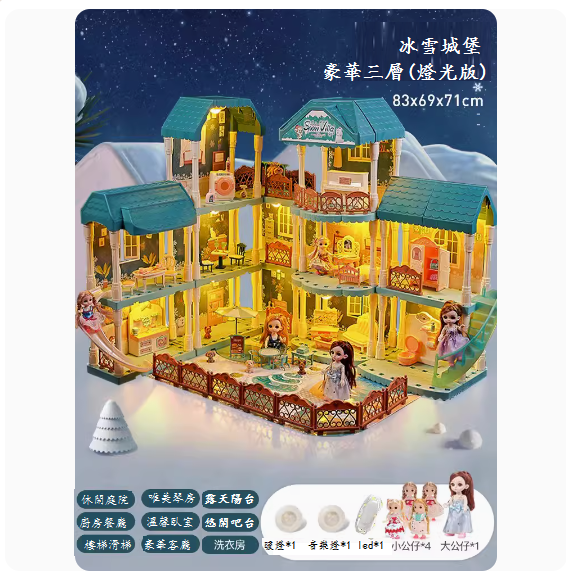 爆款兒童玩具娃娃屋(冰雪-【豪華三層大別墅-10屋子-5娃娃-4小狗】+燈光)