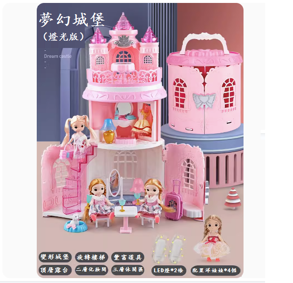 爆款兒童娃娃屋玩具(夢幻手提箱-城堡款【4只娃娃】+led燈)