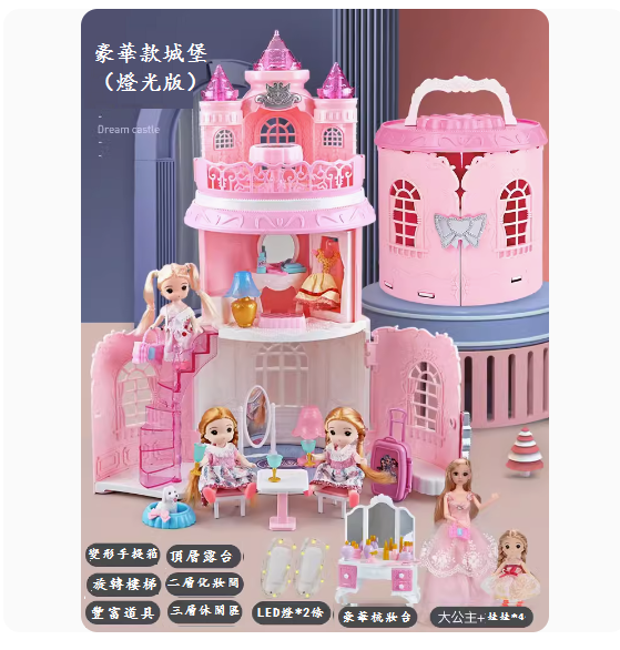 爆款兒童娃娃屋玩具(夢幻手提箱-豪華城堡款【4只娃娃+公主】+led燈)