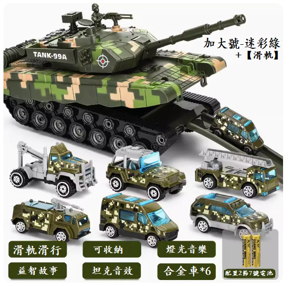 爆款兒童玩具(加大號收納坦克【迷彩綠+6只軍事合金車】普通版)