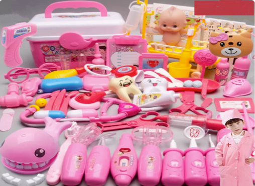 New play doctor set (dolphin + stethoscope + doll + 7 lights + bed + temperature gun + nurse uniform) (Princess Pink) (Specification: 22*16.5*15CM)