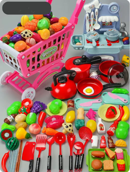 New Fruit Cicele Supermarket Trolley (Red) (Shopping Cart + Kitchen Table + Kitchen Utensils + Cicele (86-piece Set)) (Specifications: 51*44*24CM)