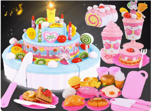 New children's cake toy Qieqiele (3-layer music cake 103 pieces blue + biscuit dessert + ice cream) (Specification: 30*21*11CM)