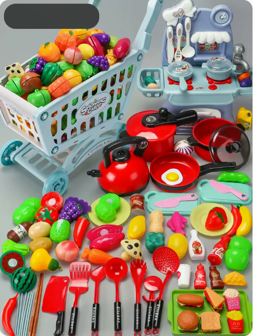New Fruit Cuticle Supermarket Trolley (Blue) (Shopping Cart + Kitchen Table + Kitchen Utensils + Cuticle (86-piece Set)) (Specification: 51*44*24CM)