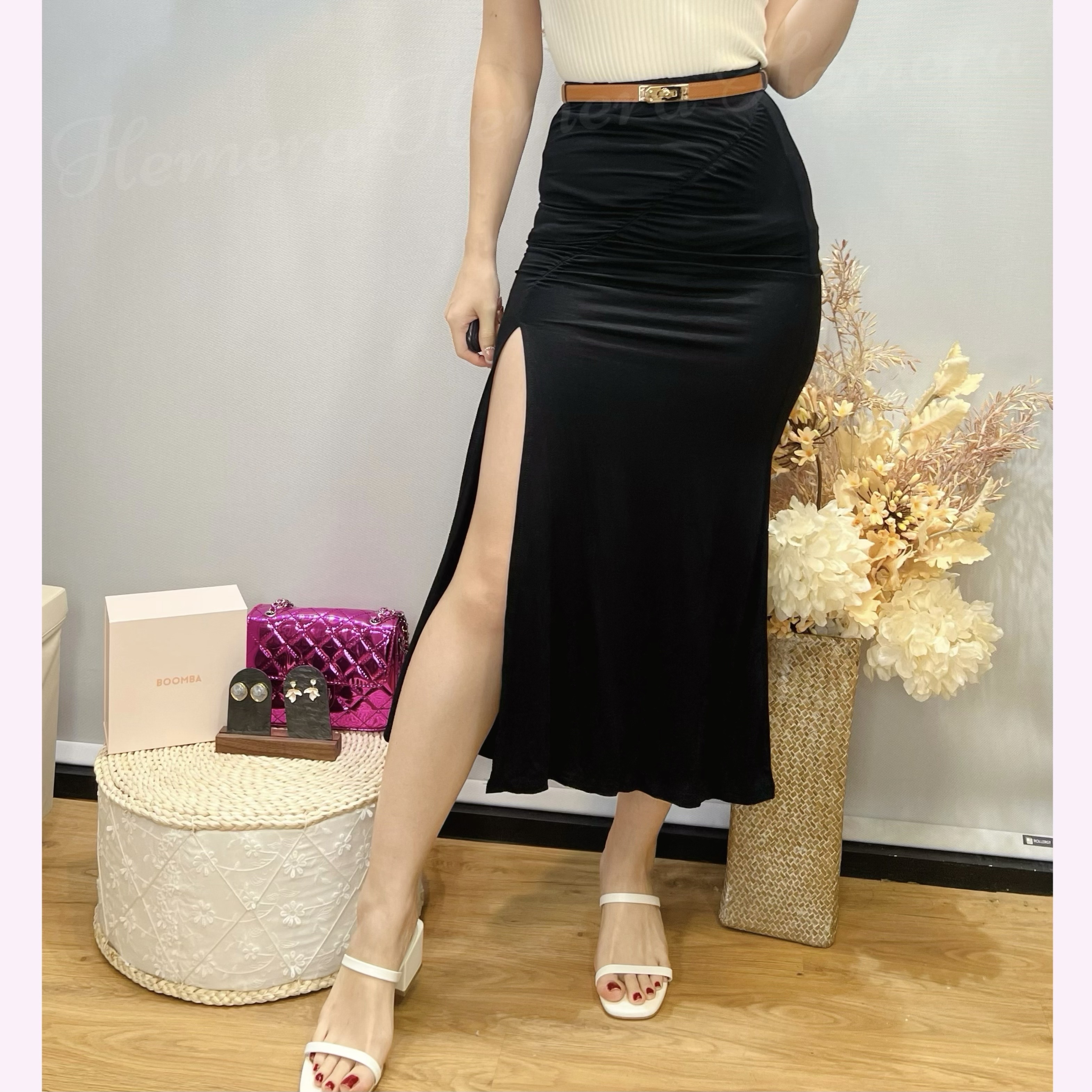 SK24S0740 顯瘦摺摺開叉魚尾中長半身裙