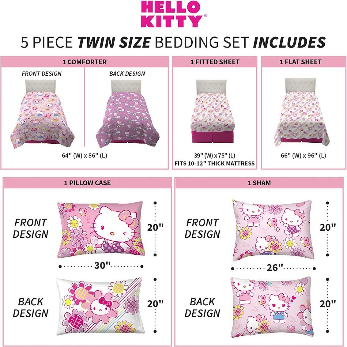 美國 Hello Kitty 5 件裝床上套裝 (單人床)