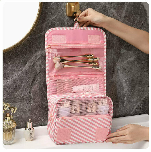 Hot recommendation portable cosmetic bag storage bag (pink stripes)