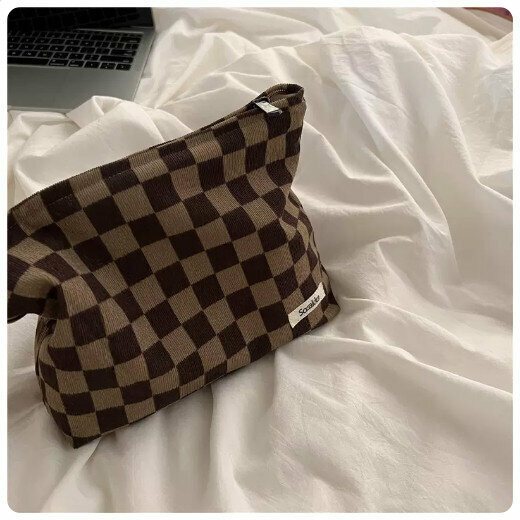 Hotly recommended portable travel cosmetic bag, toiletry bag storage bag [thickened lining cloth [chessboard dark brown grid]