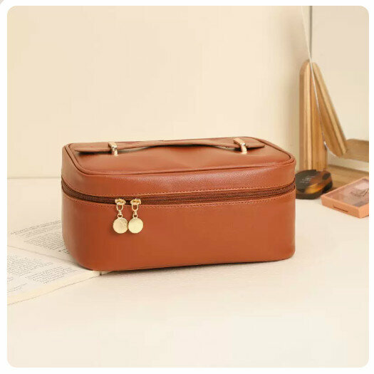 Hotly recommended cosmetics storage bag, portable travel toiletries storage bag [Moca Brown] [Extra large capacity/tiled viewable/partitioned storage]