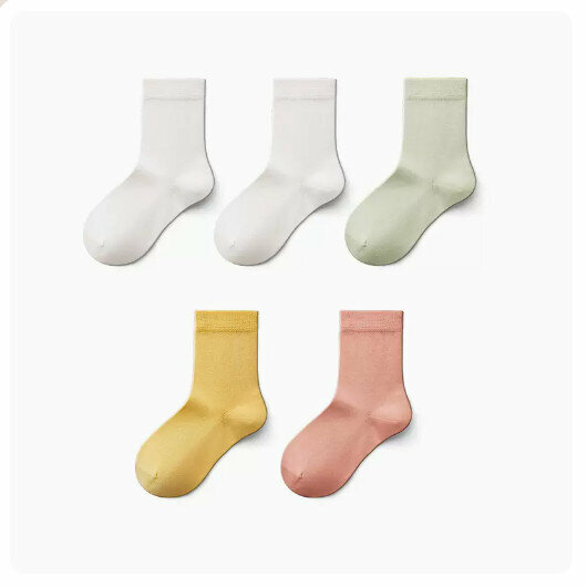 Hot Recommended (5 Pairs) Children's Mid-calf Socks [Girls] Milk White + Milk White + Light Green + Cheese Yellow + Maple Sugar] (Size: 3-9 years old) (Please contact customer service to confirm the delivery size after placing the order)