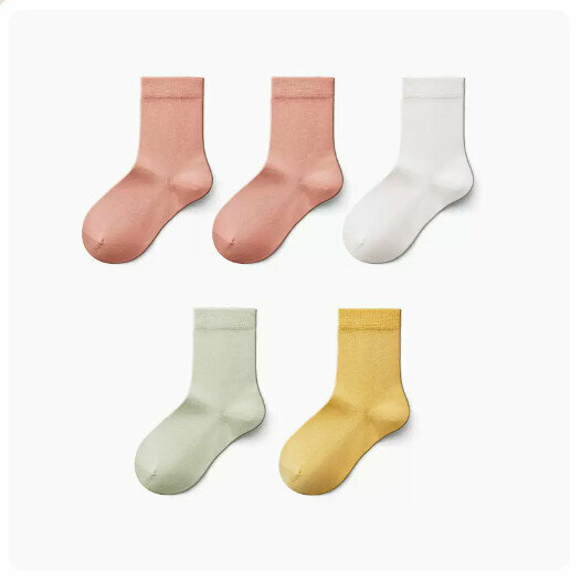 Hot Recommended (5 Pairs) Children's Mid-calf Socks [Girls] Maple Sugar + Maple Sugar + Milk White + Light Green + Cheese Yellow] (Size: 3-9 years old) (Please contact customer service to confirm the delivery size after placing the order)