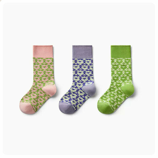 Hot recommendation (3 pairs) Breathable Mid-Tube Cotton Socks [Fruit Pink + Purple Blue + Ice Green] (Size: 3-9 years old) (Please contact customer service to confirm the delivery size after placing the order)