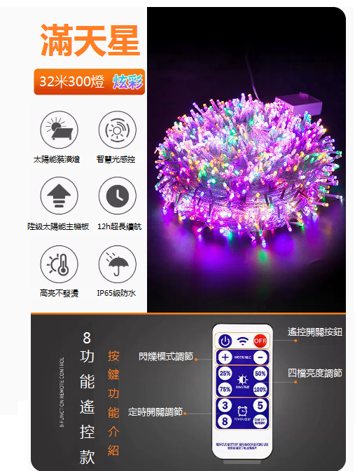 爆款景觀裝潢庭院掛樹燈串（遙控款）（32米300燈滿天星-炫彩）