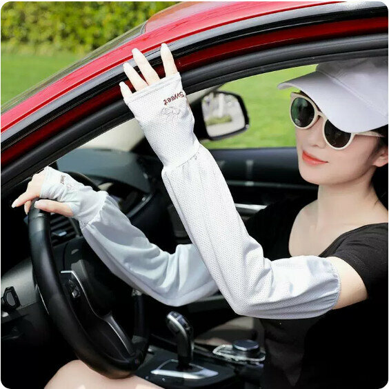 New summer ice silk embroidered sun protection sleeves (grey) [one size fits all]
