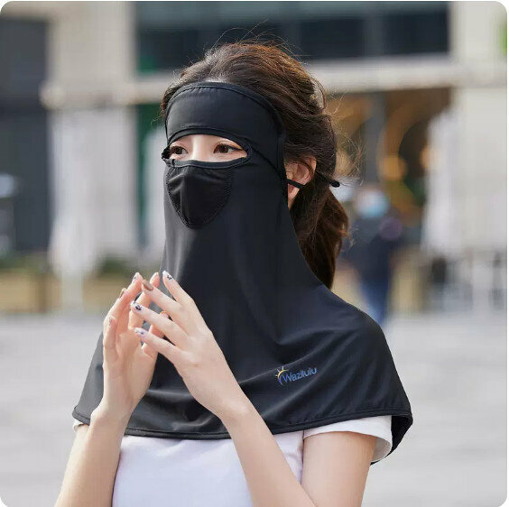 新款夏季戶外防曬冰絲披肩面紗口罩（黑色）