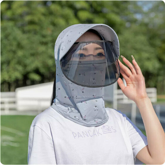新款夏季防曬小花款帶鏡片護頸帽簷（灰色）【均碼】