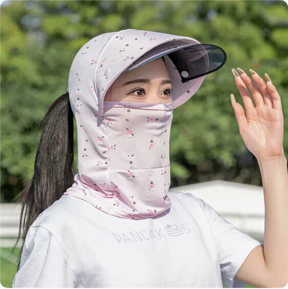 新款夏季防曬小花款帶鏡片護頸帽簷（粉色）【均碼】