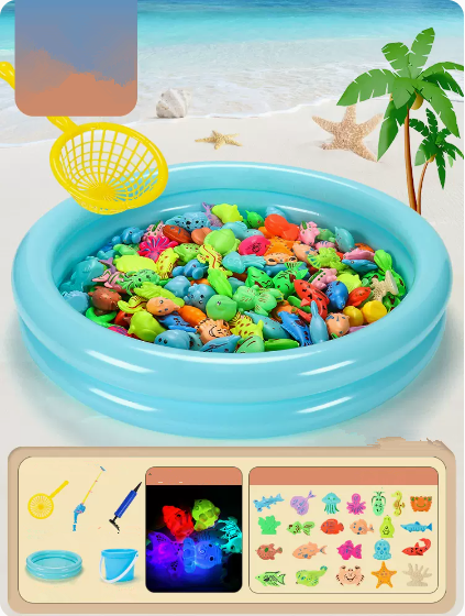 Popular 73-piece set of magnetic fishing toys (61 fish + 3 fishing rods + 3 fishing nets + luminous sensor fish + large round pool + pump + fishing bucket * 3)