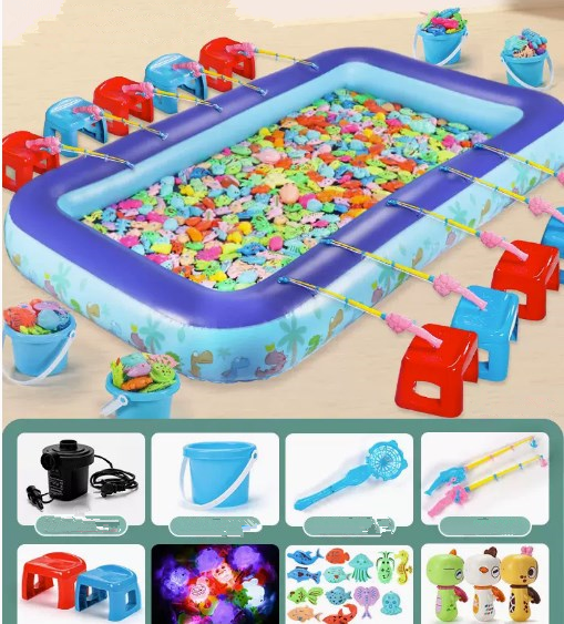 Popular fish fishing pool toy (extra large 210CM fish pond + 200 fish + 20 fishing rods + 10 fishing nets + 10 fish buckets + 10 luminous fish + fun water guns 3 + 10 chairs + electric air pump) (Specifications: 195*130*24CM )