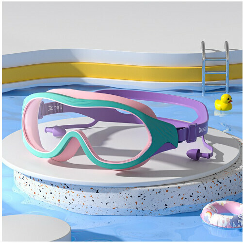 Popular children's waterproof and anti-fog large-frame swimming goggles (pink and purple swimming goggles)