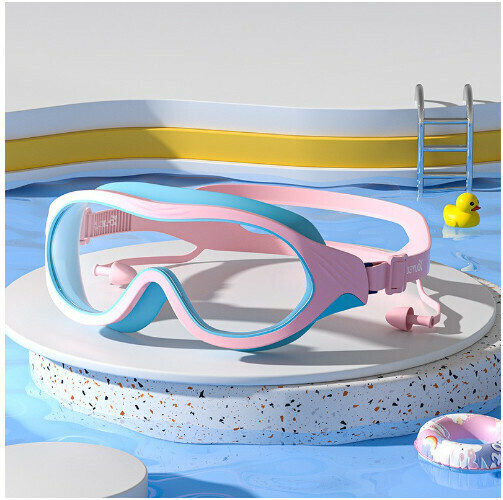 Popular children's waterproof and anti-fog large-frame swimming goggles (pink blue swimming goggles)