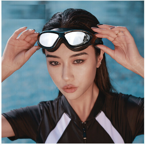 Popular waterproof and anti-fog high-definition swimming goggles (electroplated black flat light (comes with waterproof earplugs))