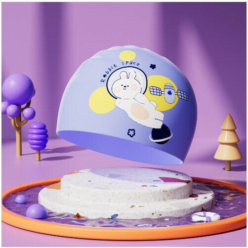 Popular children's cute silicone swimming cap (purple rabbit)