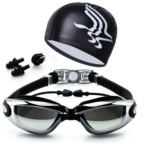Popular high-definition waterproof and anti-fog swimming goggles and cap set (electroplated black with cap)