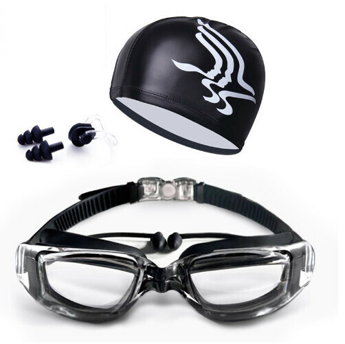 Popular high-definition waterproof and anti-fog swimming goggles and cap set (transparent black with cap)