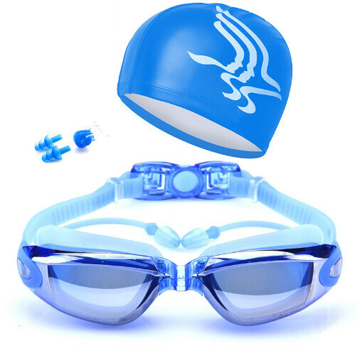 Popular high-definition waterproof and anti-fog swimming goggles and cap set (electroplated blue with cap)