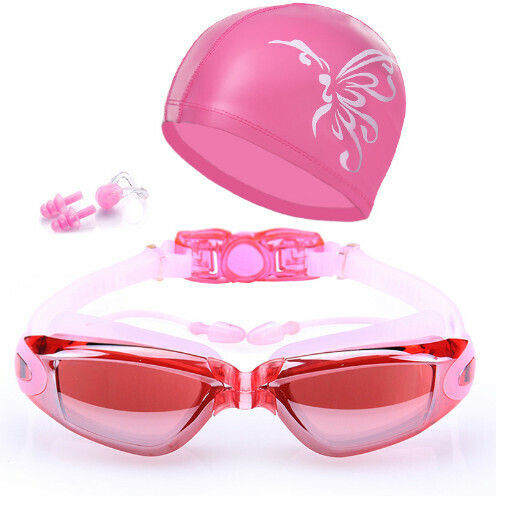 Popular high-definition waterproof and anti-fog swimming goggles and cap set (electroplated pink with cap)