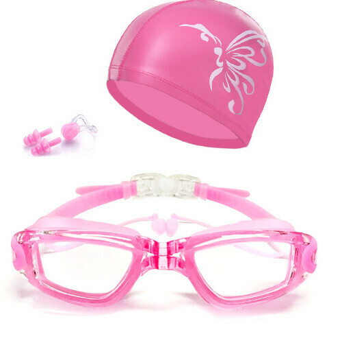 Popular high-definition waterproof and anti-fog swimming goggles and cap set (transparent pink with cap)