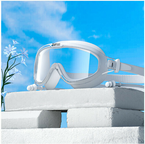 Popular swimming goggles set with earplugs (clear frame white (flat model) comes with waterproof earplugs) comes with waterproof earplugs)