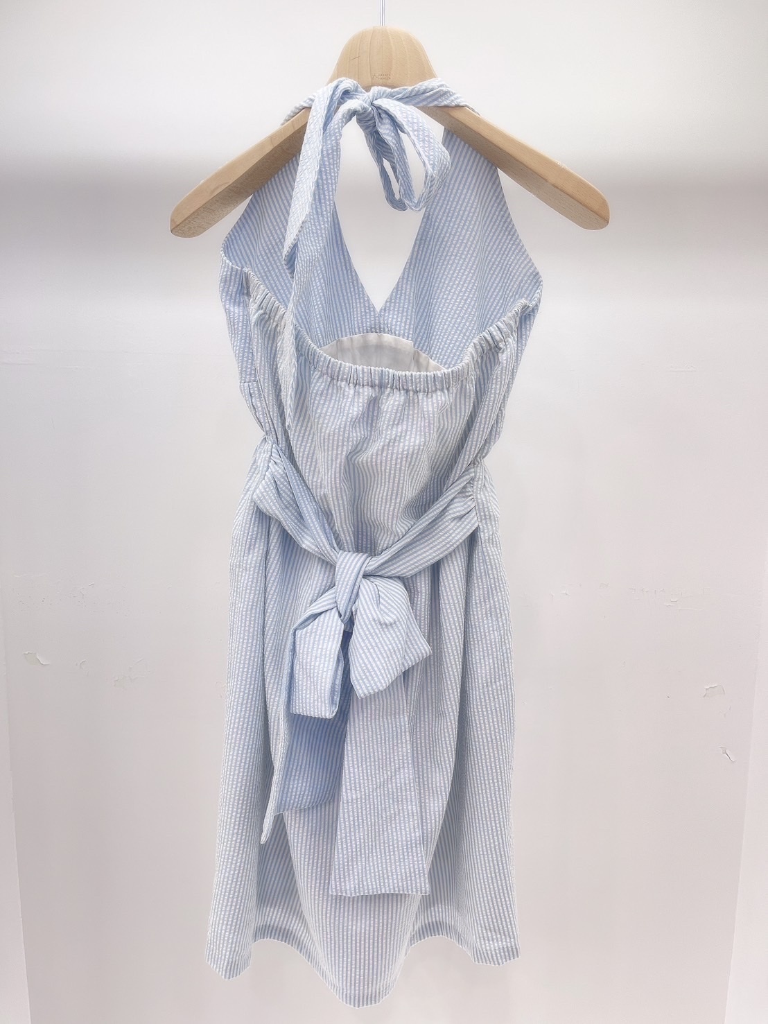 直條紋後綁袋洋裝