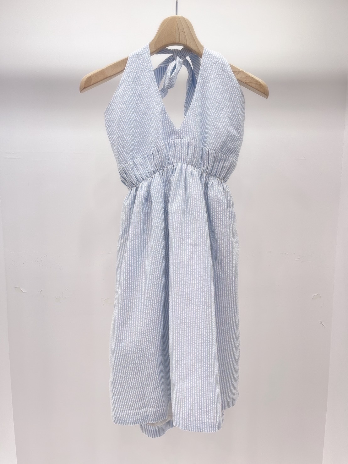 直條紋後綁袋洋裝