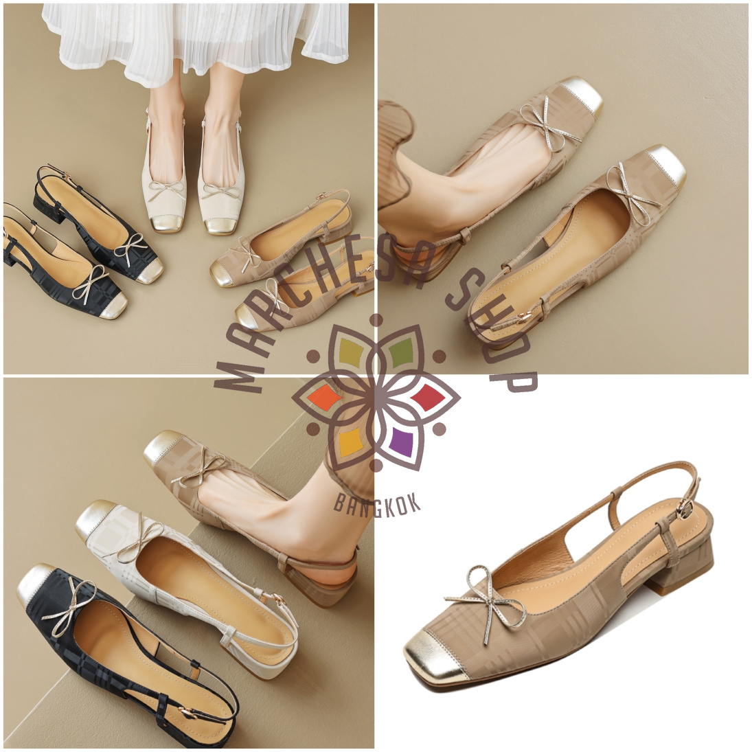 S3162 - 羊皮拼接暗格紋方頭低踭涼鞋