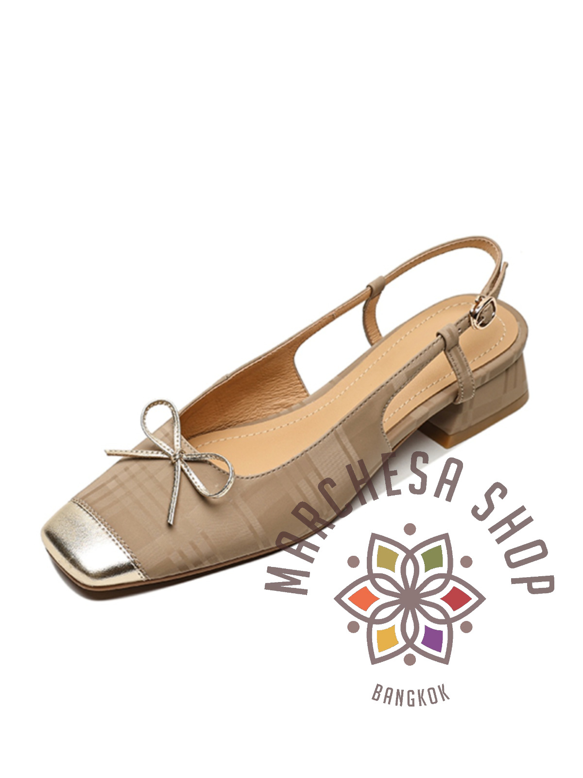 S3162 - 羊皮拼接暗格紋方頭低踭涼鞋